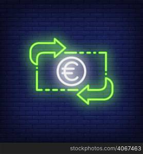 Euro exchange rate. Neon style illustration. Convert, income, transfer. Currency banner. For finance, banking, business concept