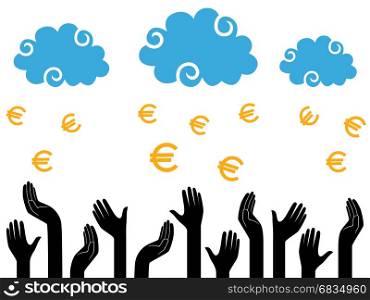 Euro Money falling from the clouds in the human hands, stylised conceptual vector illustration