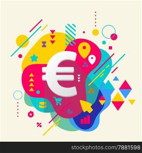 Euro sign on abstract colorful spotted background with different elements. Flat design.