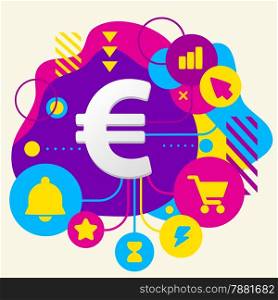 Euro sign on abstract colorful spotted background with different icons and elements. Flat design for the web, interface, print, banner, advertising.