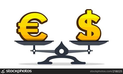 Euro Sign Overweight Dollar Sign On Scales Vector. Illustration. Euro Sign Overweight Dollar Sign On Scales Vector. Isolated Illustration