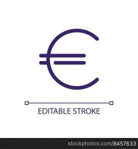 Euro sign pixel perfect RGB color ui icon. Foreign currency. Richness and wealth. Simple filled line element. GUI, UX design for mobile app. Vector isolated pictogram. Editable stroke. Arial font used. Euro sign pixel perfect RGB color ui icon