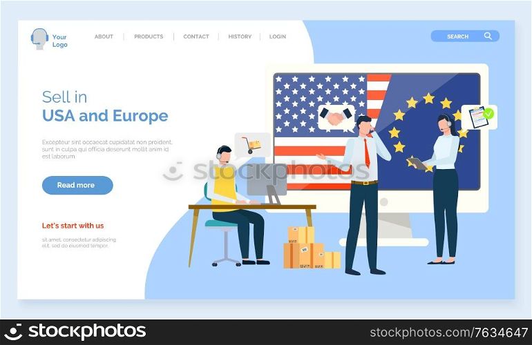 Europe and USA relations, business interaction vector, people cooperating working together. Collaboration of companies directors meeting. Website or webpage template, landing page flat style. Sell in USA and Europe Partnership Business Web