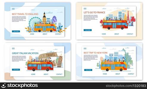 Europe and Usa Travel Offer, Hop-on-Hop-Off Bus Tours and Excursions Trendy Flat Vector Web Banners, Landing Pages Set. Female Tour Guide Conducting Excursion for Tourist in Open Top Bus Illustration