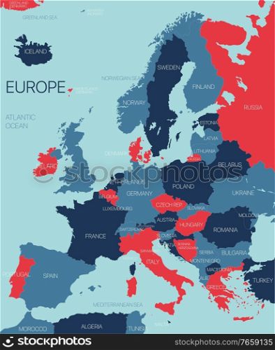 Europe continent vector map with countries. Vector editable illustration. Trending color scheme. Europe ontinent vector map