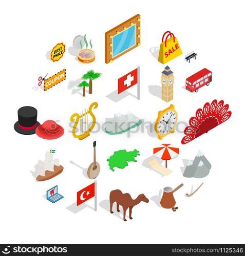 Europe countries icons set. Isometric set of 25 europe countries vector icons for web isolated on white background. Europe countries icons set, isometric style