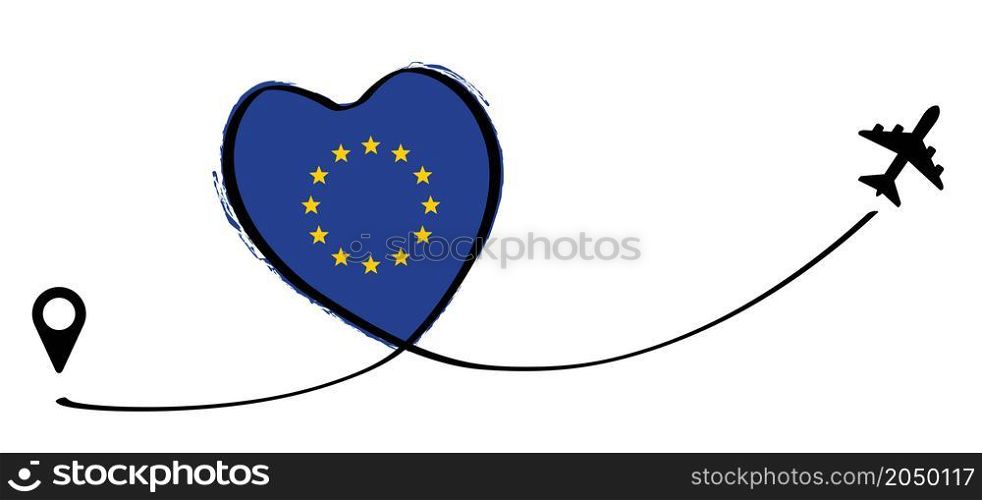 Europe, eu flag, Love Romantic travel airplane line path of air plane flight route with start point icon. Air plane flying. Vector fly pin location pointer route, trace and rack sign. For happy romance vacation, holliday fun.