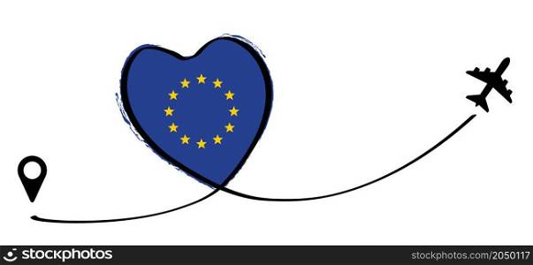 Europe, eu flag, Love Romantic travel airplane line path of air plane flight route with start point icon. Air plane flying. Vector fly pin location pointer route, trace and rack sign. For happy romance vacation, holliday fun.