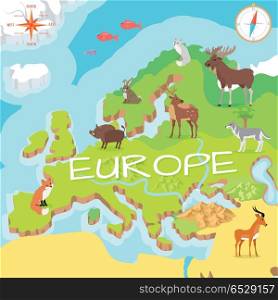 Europe Isometric Map with Flora and Fauna. Vector. Europe isometric map with flora and fauna. Cartography concept with nature. Geographical map with local fauna. Europe part of continent with mammals and sea life. Vector illustration for kids