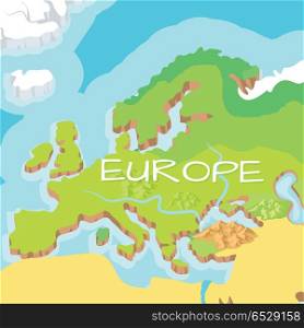 Europe mainland cartoon relief map with mountains, climate zones, rivers, seas and island flat vector illustration. Topographic or physical atlas. Geographic concept for children book illustrating. Europe Mainland Vector Cartoon Relief Map . Europe Mainland Vector Cartoon Relief Map