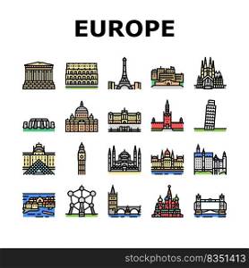Europe Monument Construction Icons Set Vector. Eiffel Tower And Parthenon, Louvre Museum And Saint Peter Basilica, Edinburgh Castle And Basil Cathedral Europe Famous Building Color Illustrations. Europe Monument Construction Icons Set Vector