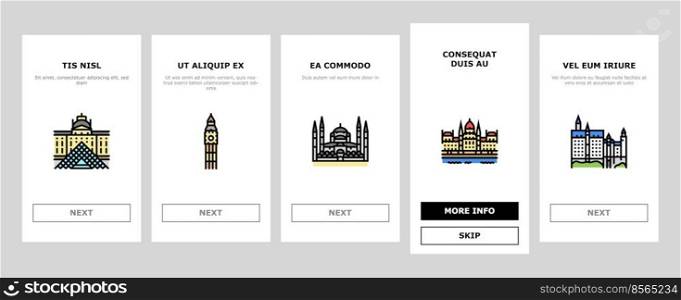 Europe Monument Construction onboarding mobile vector. Eiffel Tower And Parthenon, Louvre Museum And Saint Peter Basilica, Edinburgh Castle And Basil Cathedral Europe Famous Building Color Illustrations. Europe Monument Construction onboarding icons set vector
