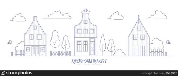Europe neighborhood houses. Holland suburban with cozy homes. Facades of old traditionsl buildings in Netherlands. Outline vector illustration. Europe neighborhood houses. Holland suburban with cozy homes. Facades of old traditionsl buildings in Netherlands. landscape outline vector illustration.