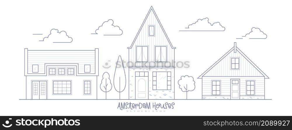 Europe neighborhood houses. Holland suburban with cozy homes. Facades of old traditionsl buildings in Netherlands. Outline vector illustration. Europe neighborhood houses. Holland suburban with cozy homes. Facades of old traditionsl buildings in Netherlands. Outline vector illustration.