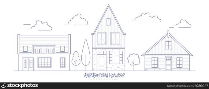 Europe neighborhood houses. Holland suburban with cozy homes. Facades of old traditionsl buildings in Netherlands. Outline vector illustration. Europe neighborhood houses. Holland suburban with cozy homes. Facades of old traditionsl buildings in Netherlands. Outline vector illustration.