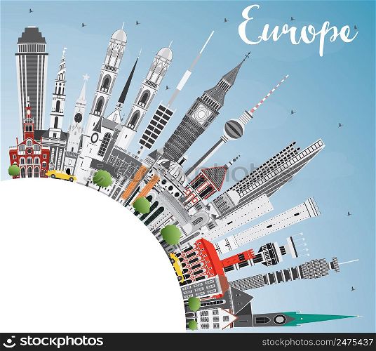 Europe skyline silhouette with different landmarks and copy space. Vector illustration. Business travel and tourism concept with place for text. Image for presentation, banner, placard and web site.