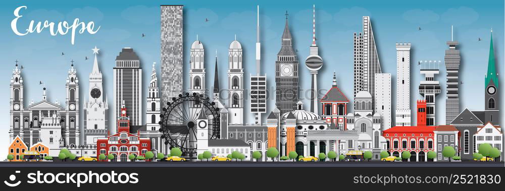 Europe skyline silhouette with different landmarks. Vector illustration. Business travel and tourism concept with place for text. Image for presentation, banner, placard and web site.