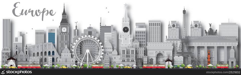 Europe skyline silhouette with different landmarks. Vector illustration. Business travel and tourism concept with place for text. Image for presentation, banner, placard and web site.