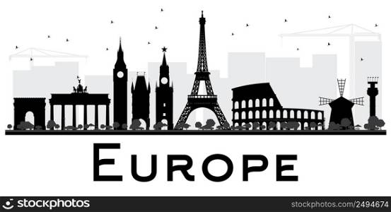 Europe Skyline Silhouette with Landmarks. Vector Illustration. Simple flat concept for tourism presentation, banner, placard or web site. Business travel concept. Cityscape with landmarks