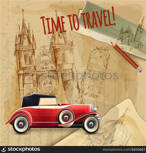 Europe Travel Car Vintage Poster. Europe time to travel tagline with classic car on architecture background vintage poster vector illustration