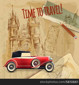 Europe Travel Car Vintage Poster. Europe time to travel tagline with classic car on architecture background vintage poster vector illustration