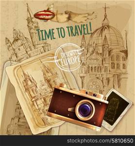 Europe Travel With Camera Vintage Poster. Europe travel with camera and balloon vintage poster vector illustration