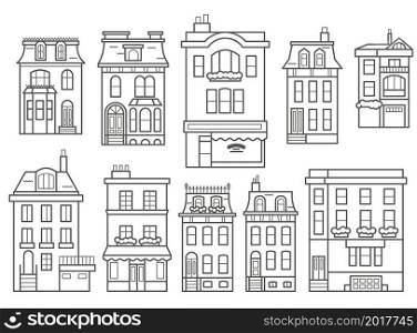 European buildings skyline. Linear cityscape with various row houses. Outline illustration with old Dutch buildings.. European buildings skyline. Linear cityscape with various row houses. Outline illustration with old Dutch buildings