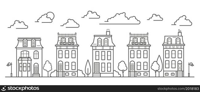 European buildings skyline. Linear cityscape with various row houses. Outline illustration with old Dutch buildings.