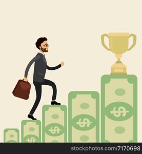European Businessman goes up the stairs of money to the prize,success concept,flat vector illustration