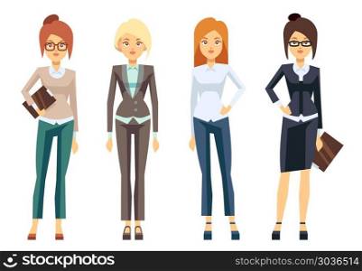 European businesswoman clothes, young female professional woman vector set. European businesswoman clothes, young female professional woman vector set. Secretary and manager illustration