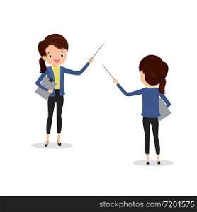 European businesswoman or teacher with a pointer in hand,character front view and back view,isolated on white background,flat vector illustration