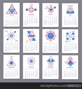 European calendar grid for 2016 year with abstract geometric patterns in vector. European calendar grid for 2016 year with abstract geometric patterns. Vector illustration.