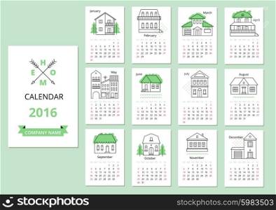 European calendar grid for 2016 year with abstract houses. . European calendar grid for 2016 year with abstract houses. Vector illustration.