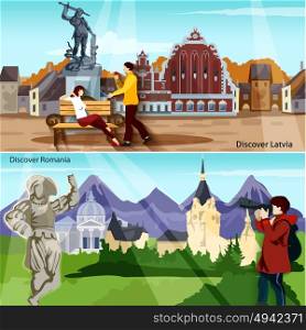 European Countries Compositions Set. European Countries Flat Concept. Europe And Sights Horizontal Compositions. European Cities Vector Illustration. European Cityscapes Isolated Set. Discover Latvia And Romania Design Symbols.