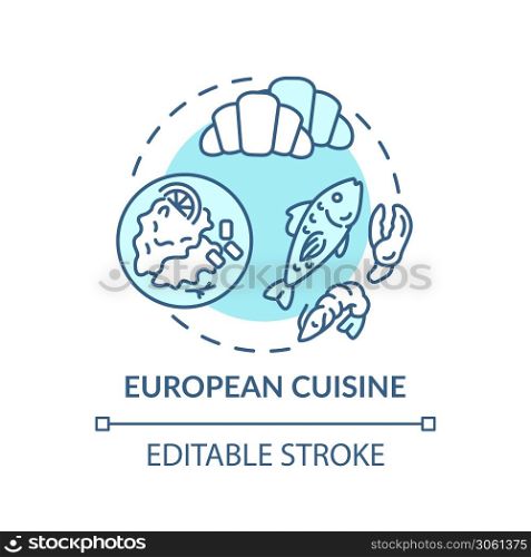 European cuisine concept icon. Famous meal from europe. Traditional ethnic menu. Delicious national food idea thin line illustration. Vector isolated outline RGB color drawing. Editable stroke. European cuisine concept icon