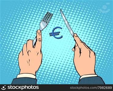 European Euro knife and fork financial concept pop art retro style. European politics and Economics business. European Euro knife and fork financial concept