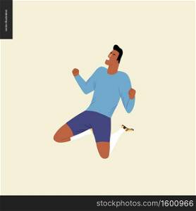 European football, soccer player - flat vector illustration - soccer player winning a victory - a young man wearing the European football equipment clenching his fists in victory, sitting on his knees. European football, soccer player