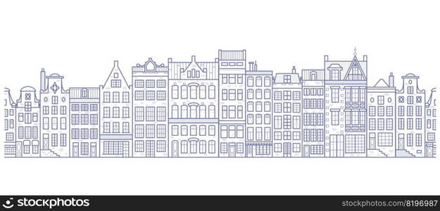 European houses seamless border. Amsterdam buildings row pattern. Street of the city in outline style. Vintage architecture landscape. Vector panorama.. European houses seamless border. Amsterdam buildings row pattern. Street of the city in outline style. Vintage architecture landscape. Vector panorama