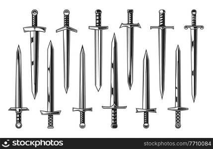 European knight medieval swords, heraldry. Vector weapon of medieval warriors set with straight sword, dagger, knife and broadsword, knightley arming weapon with double edged blades and ornate hilts. European knight medieval swords, vector heraldry