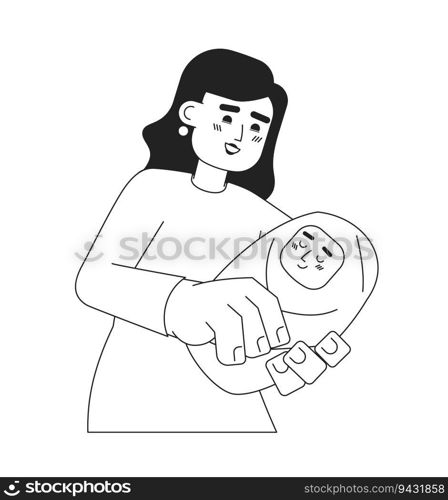 European mom holding baby monochromatic flat vector characters. Motherhood. New parent with wrapped infant. Editable thin line people on white. Simple bw cartoon spot image for web graphic design. European mom holding baby monochromatic flat vector characters