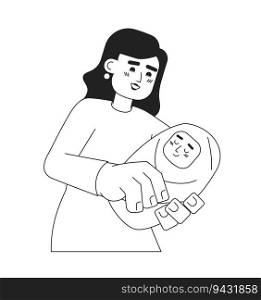 European mom holding baby monochromatic flat vector characters. Motherhood. New parent with wrapped infant. Editable thin line people on white. Simple bw cartoon spot image for web graphic design. European mom holding baby monochromatic flat vector characters