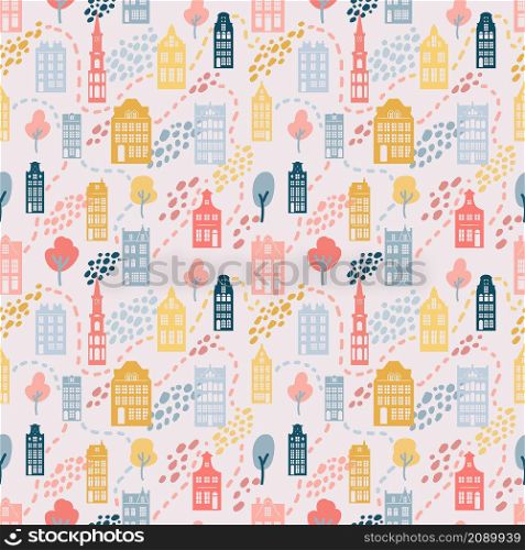 European old houses. Hand drawn seamless pattern with old european buildings. German, Netherlands style homes. Cute vector background. European old houses. Hand drawn seamless pattern with old european buildings. German, Netherlands style homes. Cute vector background.