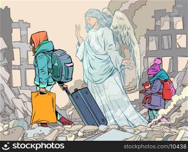 European refugee children and an angel in the ruins of city buildings. War and humanitarian crisis. Grief. Pop Art Retro Vector Illustration 50s 60s Kitsch Vintage Style. European refugee children and an angel in the ruins of city buildings. War and humanitarian crisis. Grief