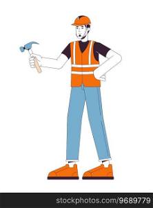European repairman holding hammer 2D linear cartoon character. Caucasian adult man carpenter isolated line vector person white background. Hardhat specialist fixing color flat spot illustration. European repairman holding hammer 2D linear cartoon character