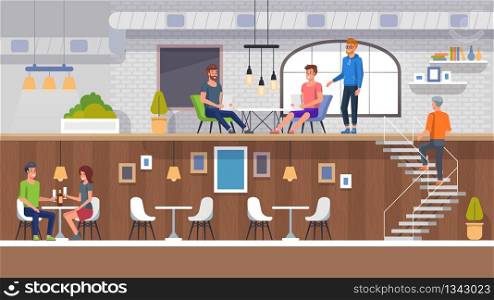 European Restaurant Interior. People Eating Business Lunch Menu. Cool Modern Space with Louge Inside. Fastfood Burger and Coffe House Concept Cafe. Consumer Drink and Food to Eat. Hotel Cafeteria.. European Restaurant Interior. People Eating Lunch