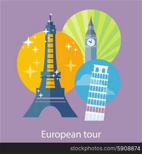 European traveling tour, touristic banner. Composition with famous european world landmarks icons. Can be used for web banners, marketing and promotional materials, presentation templates