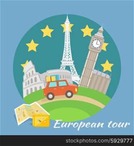 European traveling tour, touristic banner. Composition with famous european world landmarks icons. Car around Europe. Can be used for web banners, marketing and promotional materials, presentation