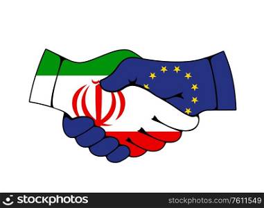 European Union and Iran partnership, vector handshake with flags. Iranian and European Union countries agreements, trade, economics cooperation, diplomacy and politics relationship. European Union and Iran partnership handshake