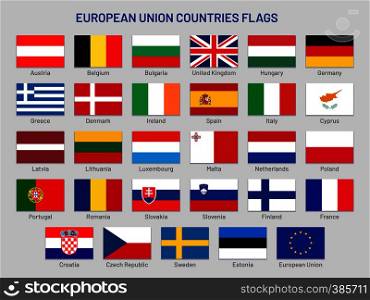 European Union countries flags. Europe travel states, EU member country flag. France, Portugal and Finland flags. United kingdom, Greece and Spain flag vector isolated symbols set. European Union countries flags. Europe travel states, EU member country flag vector set