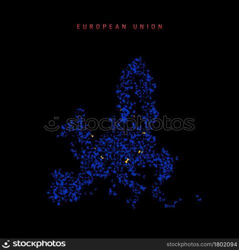 European Union flag map, chaotic particles pattern in the colors of the EU flag. Vector illustration isolated on black background.. European Union flag map, chaotic particles pattern in the EU flag colors. Vector illustration